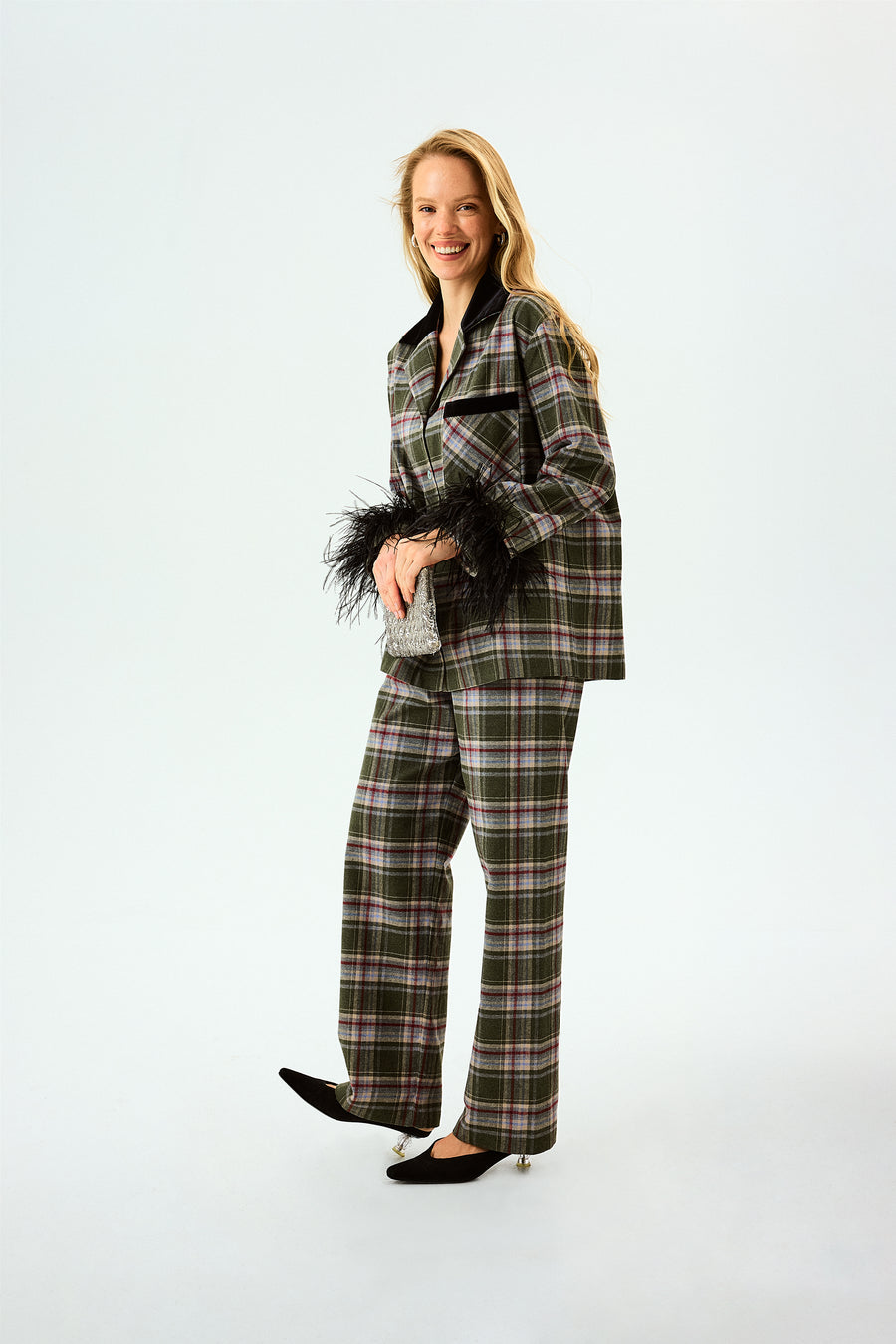 Checked Cotton-Flannel Set with Detachable Feathers in Jade